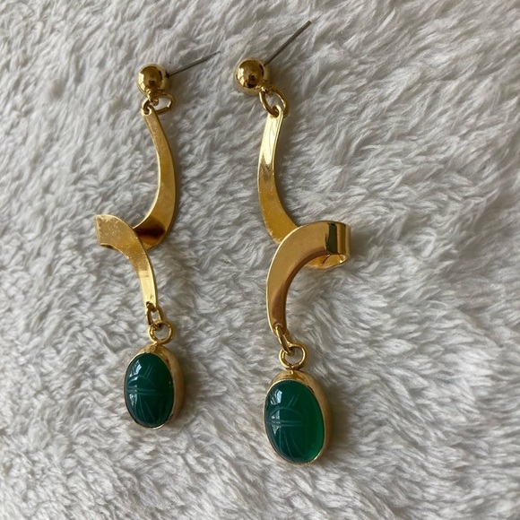 Green Vintage Scarab Glass Dangle Earrings - Picture 5 of 5